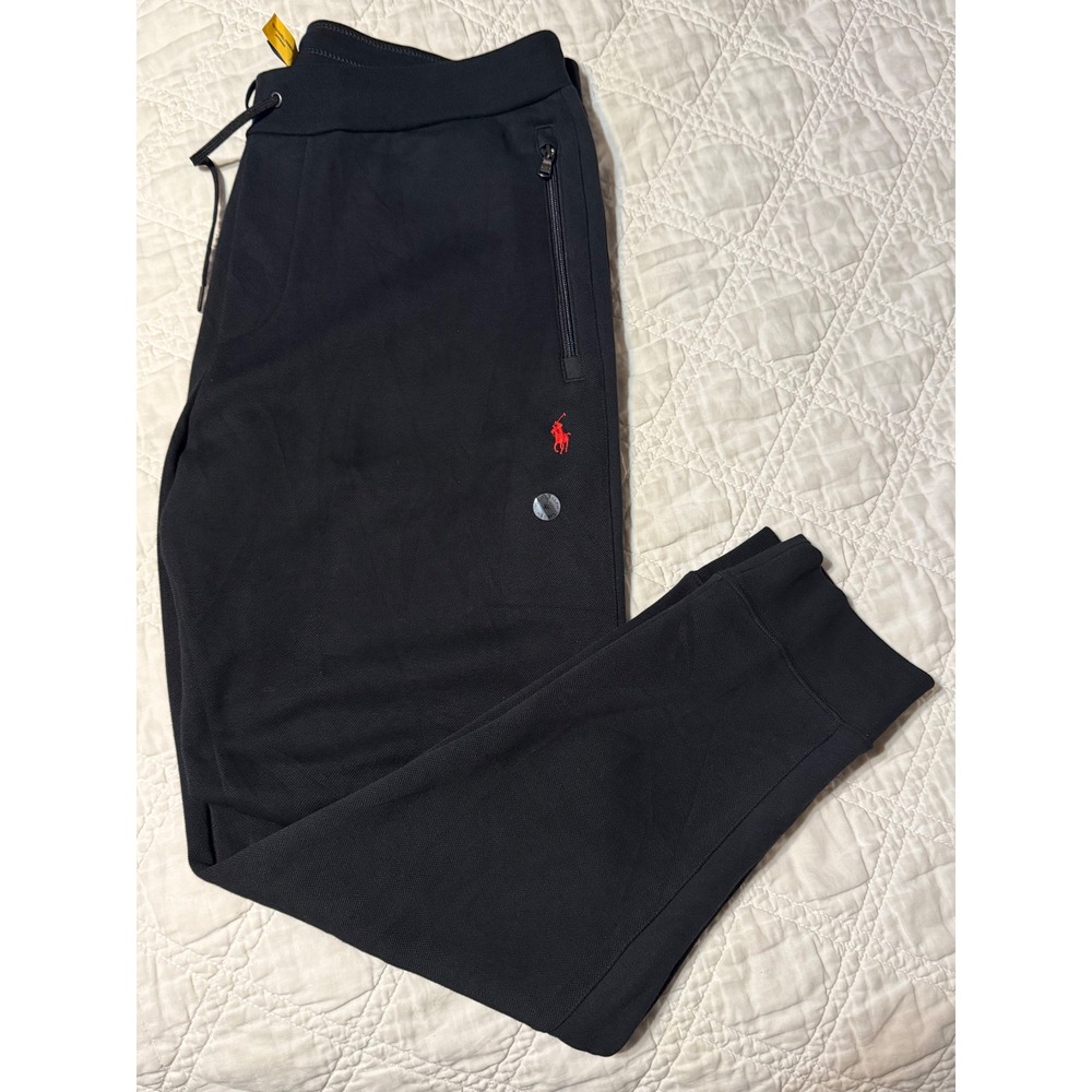 Polo Ralph Lauren Mens Double Knit Joggers Black Red Pony Zip Pockets XL